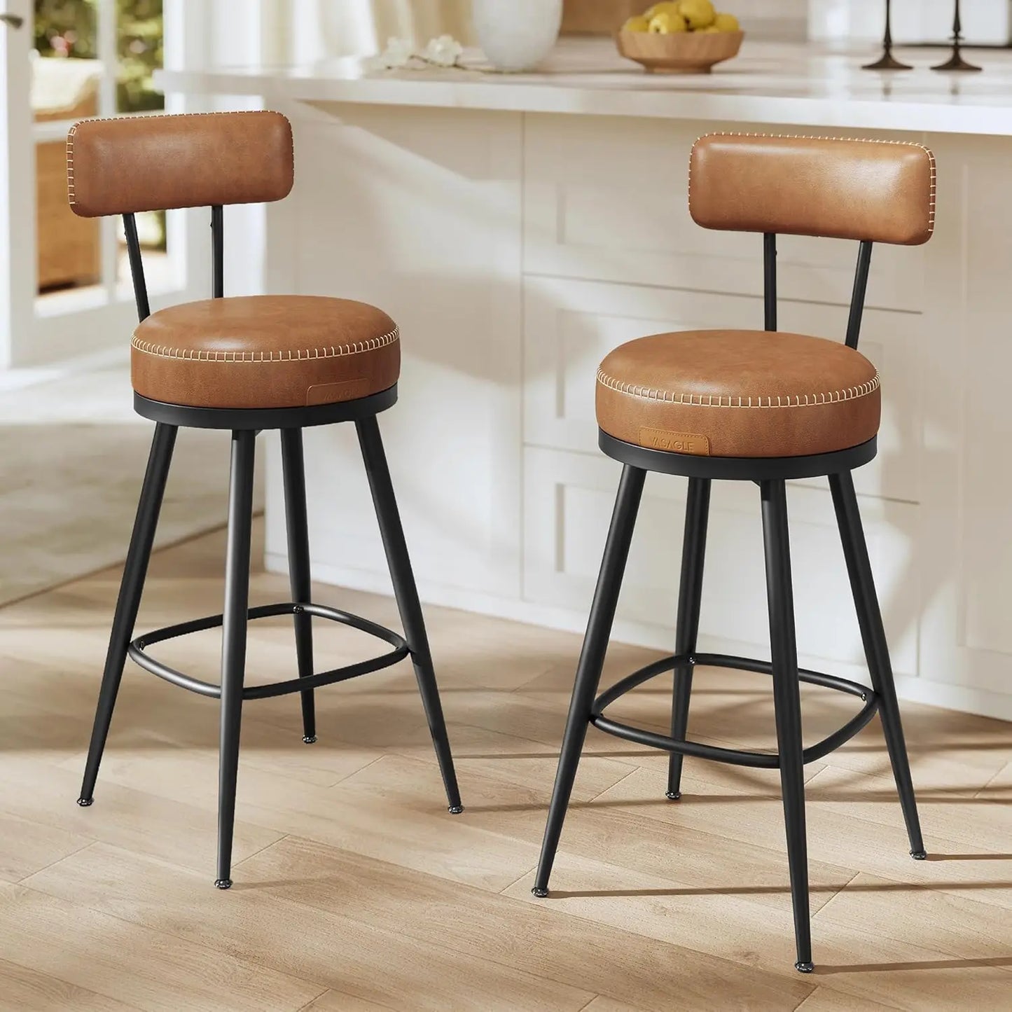 Bar Stools Set of 2 Swivel Mid-Century Comfort Caramel
