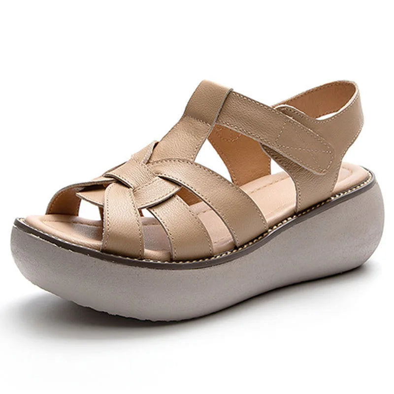 Genuine Leather Women Wedge Sandals with Hook Loop by YAERNI