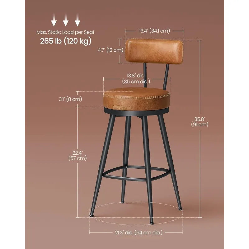 Bar Stools Set of 2 Swivel Mid-Century Comfort Caramel
