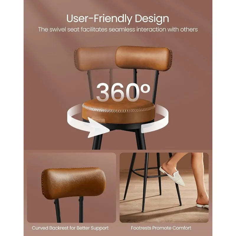 Bar Stools Set of 2 Swivel Mid-Century Comfort Caramel