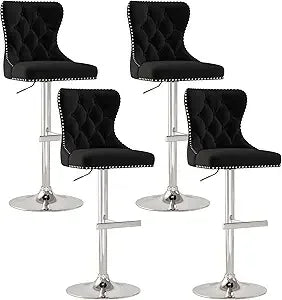 Velvet Tufted Barstools Set of 4, Swivel Counter Chairs with Diamond Lattice Back, Height Adjustable Seat with Rivet Trim Metal