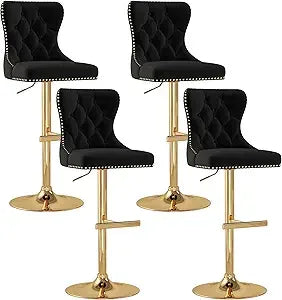 Velvet Tufted Barstools Set of 4, Swivel Counter Chairs with Diamond Lattice Back, Height Adjustable Seat with Rivet Trim Metal