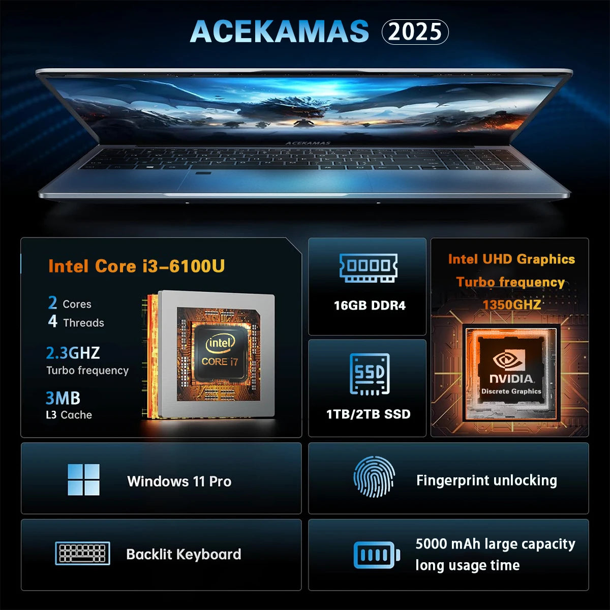 ACEKAMAS Core I3 6100U Laptop 16GB DDR4 1TB SSD Notebook