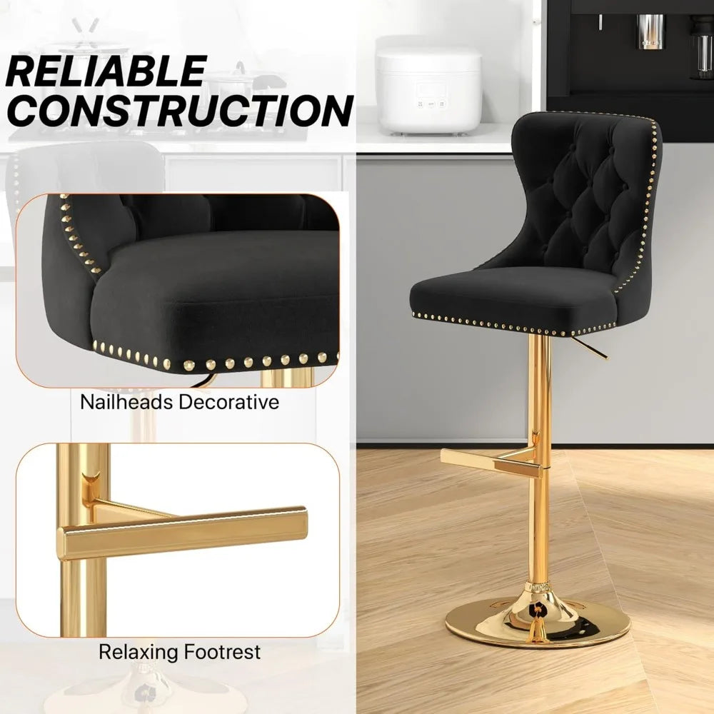 Velvet Tufted Barstools Set of 4, Swivel Counter Chairs with Diamond Lattice Back, Height Adjustable Seat with Rivet Trim Metal