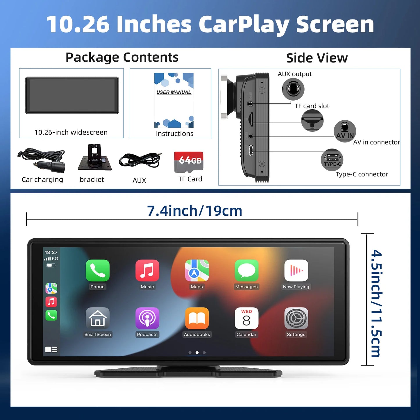 Portable Wireless Carplay Car Stereo, 10.26" inch HD Touchscreen for Car with CarPlay & Android Auto with Mirror Link/Backup Cam