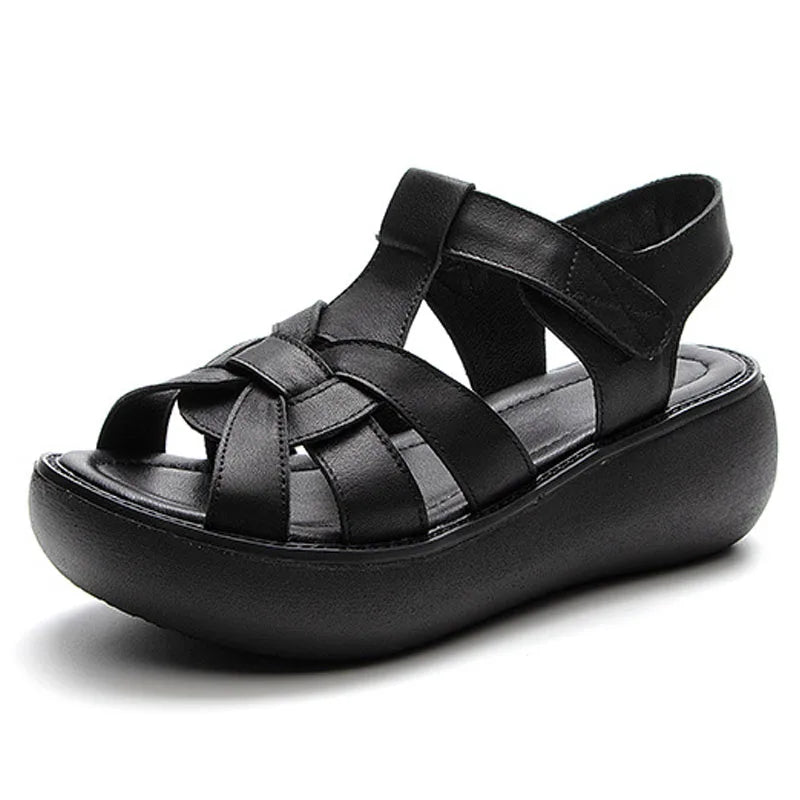 Genuine Leather Women Wedge Sandals with Hook Loop by YAERNI