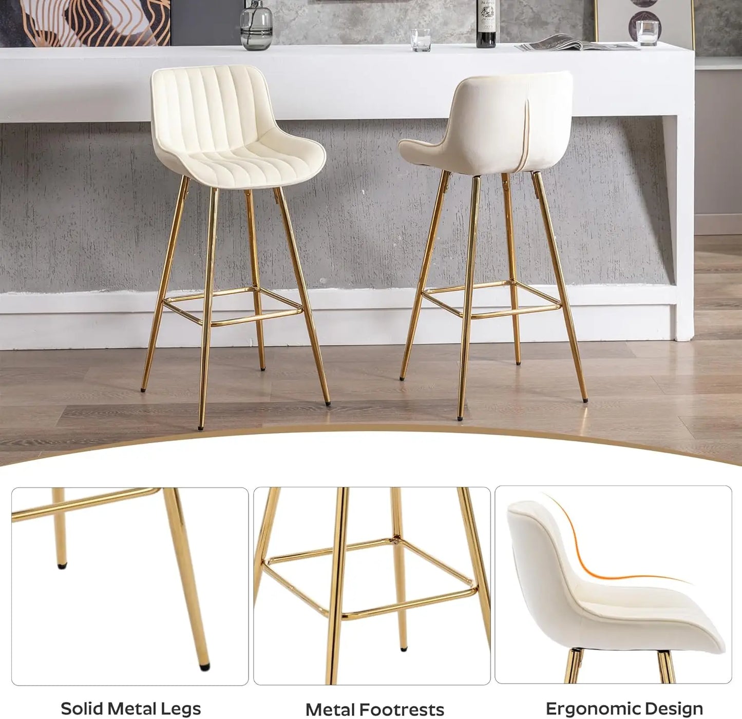 Velvet Bar Stools Set of 4, 26 Inch Modern Barstools with Back&Gold Legs, Counter Height Stools for Kitchen Island, Dining Room,