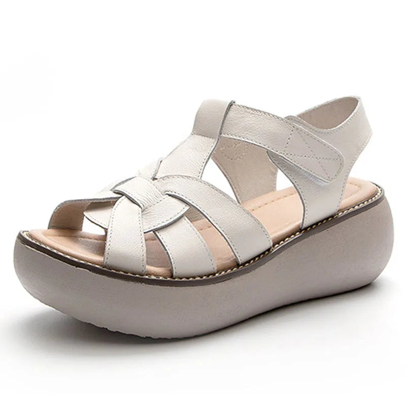 Genuine Leather Women Wedge Sandals with Hook Loop by YAERNI