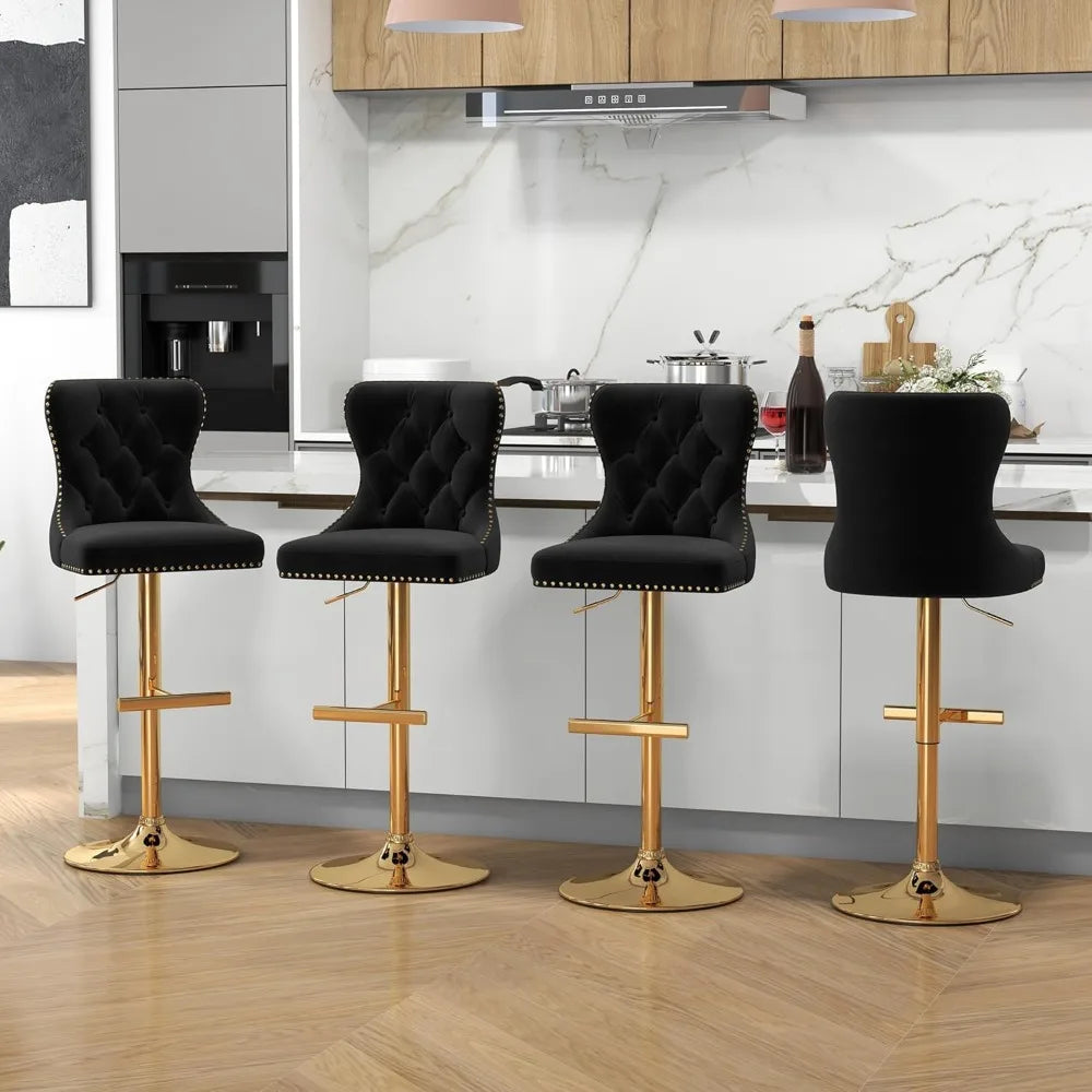 Velvet Tufted Barstools Set of 4, Swivel Counter Chairs with Diamond Lattice Back, Height Adjustable Seat with Rivet Trim Metal