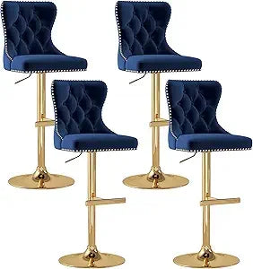 Velvet Tufted Barstools Set of 4, Swivel Counter Chairs with Diamond Lattice Back, Height Adjustable Seat with Rivet Trim Metal