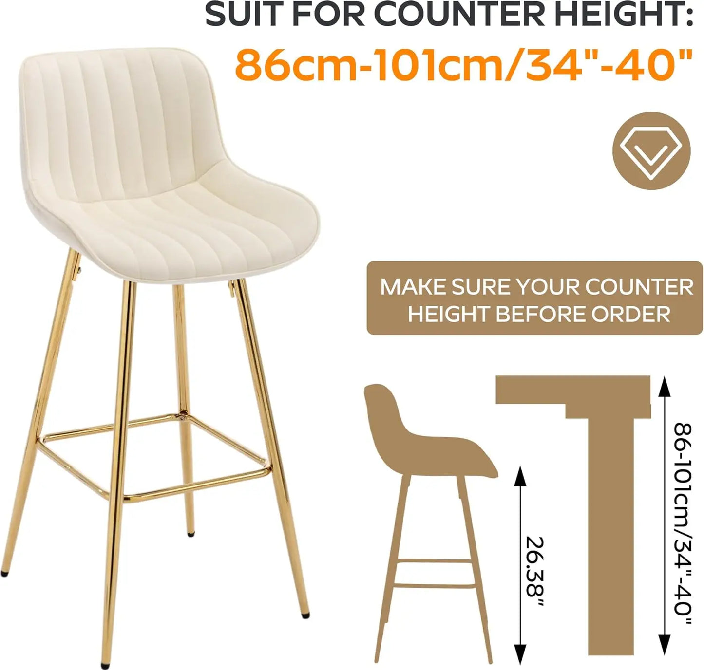 Velvet Bar Stools Set of 4, 26 Inch Modern Barstools with Back&Gold Legs, Counter Height Stools for Kitchen Island, Dining Room,