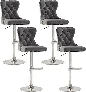 Velvet Tufted Barstools Set of 4, Swivel Counter Chairs with Diamond Lattice Back, Height Adjustable Seat with Rivet Trim Metal