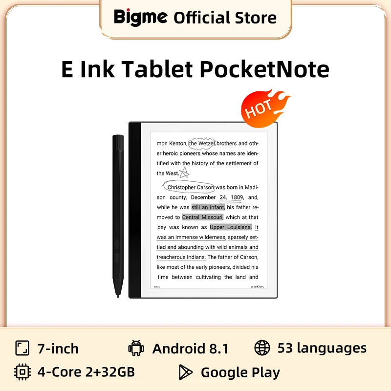 Bigme PocketNote 7 Inch E Ink E-Reader with Backlight