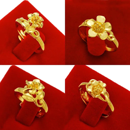 Real 18K Gold Ring For Women Vintage Flower Jewelry