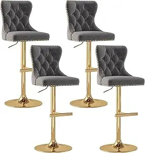 Velvet Tufted Barstools Set of 4, Swivel Counter Chairs with Diamond Lattice Back, Height Adjustable Seat with Rivet Trim Metal