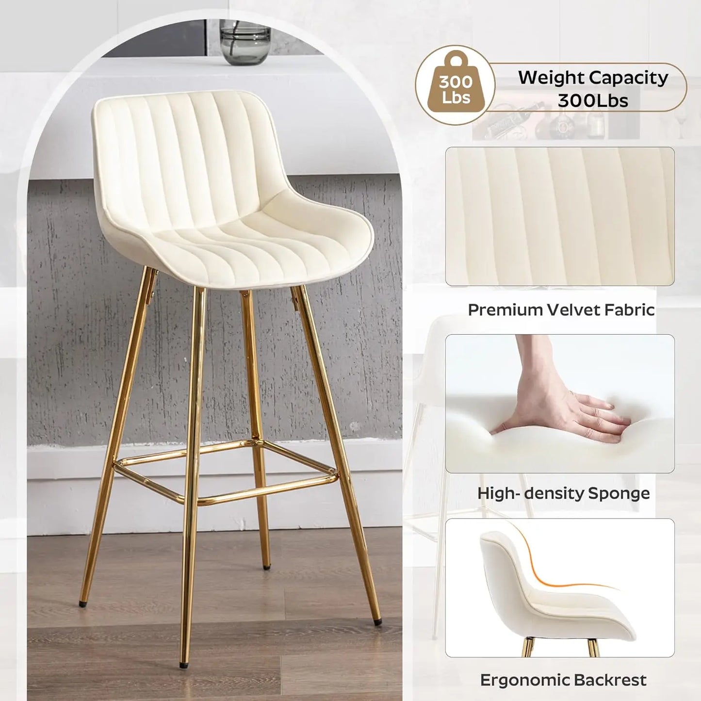 Velvet Bar Stools Set of 4, 26 Inch Modern Barstools with Back&Gold Legs, Counter Height Stools for Kitchen Island, Dining Room,