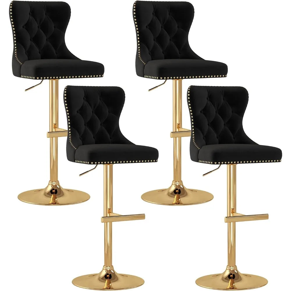 Velvet Tufted Barstools Set of 4, Swivel Counter Chairs with Diamond Lattice Back, Height Adjustable Seat with Rivet Trim Metal