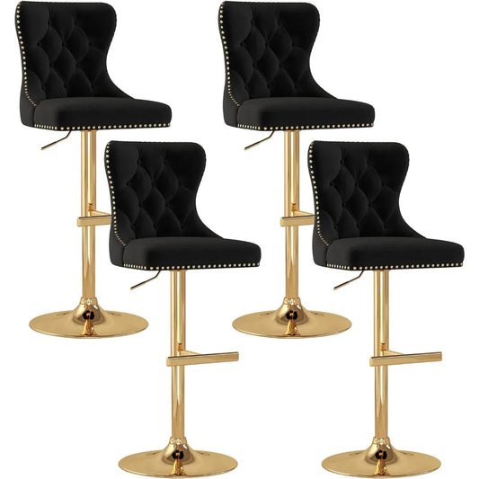 Velvet Tufted Barstools Set of 4, Swivel Counter Chairs with Diamond Lattice Back, Height Adjustable Seat with Rivet Trim Metal