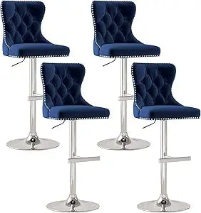 Velvet Tufted Barstools Set of 4, Swivel Counter Chairs with Diamond Lattice Back, Height Adjustable Seat with Rivet Trim Metal