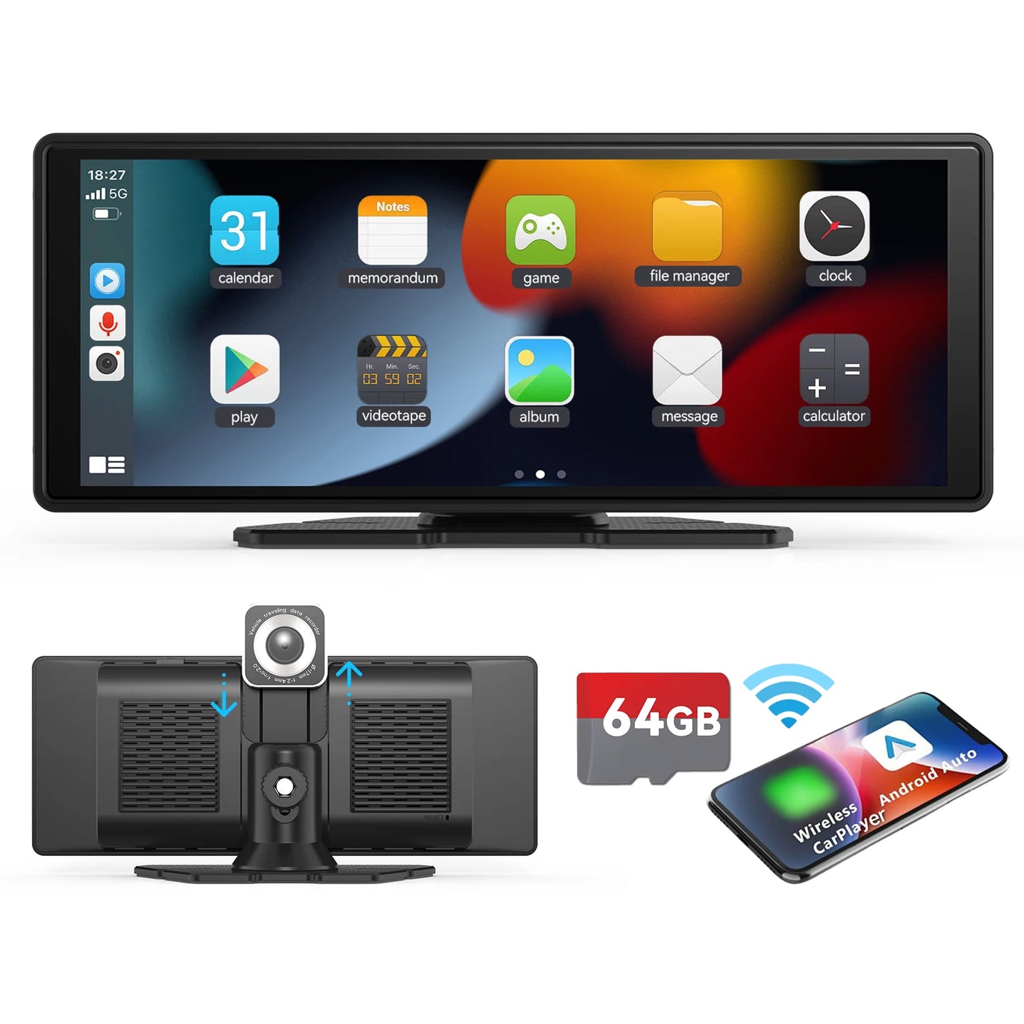 Portable Wireless Carplay Car Stereo, 10.26" inch HD Touchscreen for Car with CarPlay & Android Auto with Mirror Link/Backup Cam