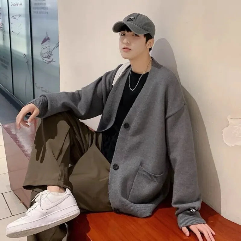 MIHIARCN Men Cardigan Knitwear V Neck With Pockets Casual