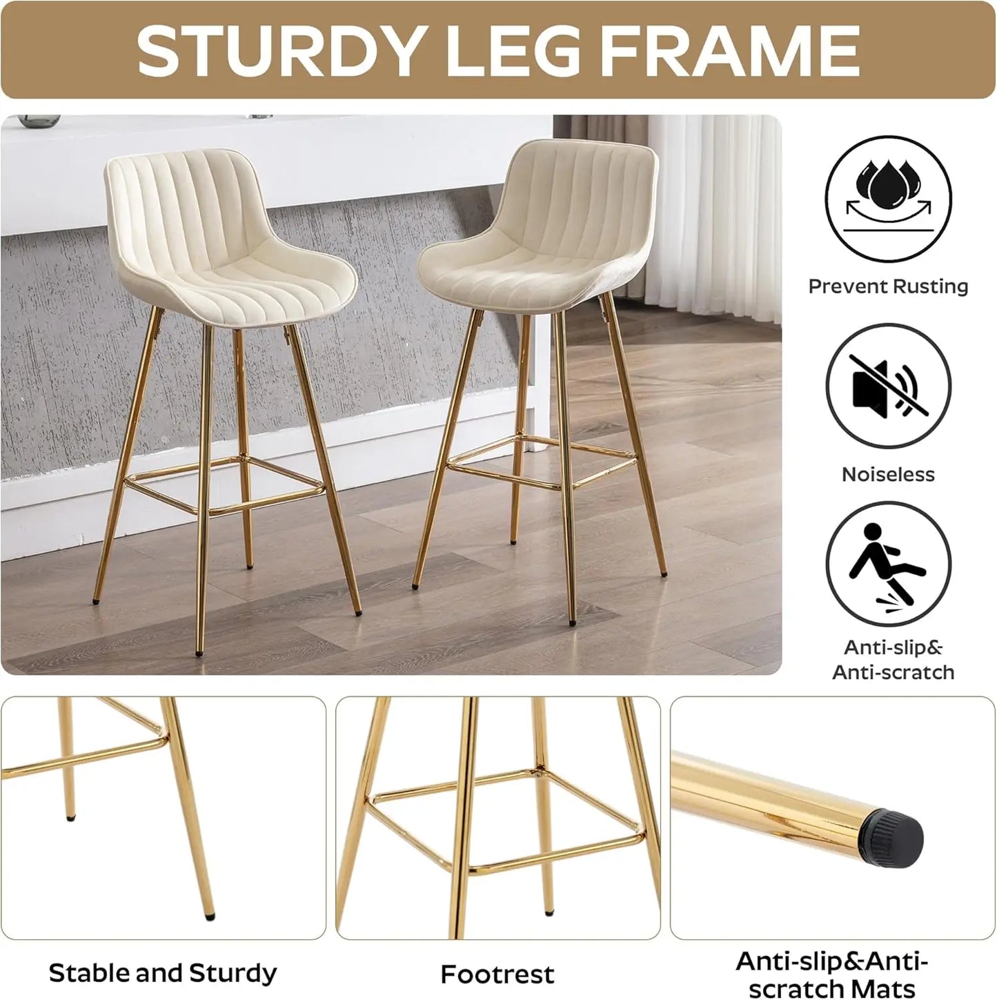 Velvet Bar Stools Set of 4, 26 Inch Modern Barstools with Back&Gold Legs, Counter Height Stools for Kitchen Island, Dining Room,