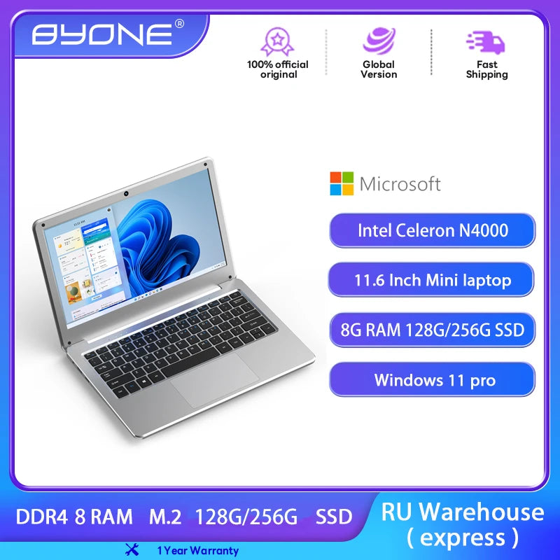 BYONE N4000 Laptop 8GB RAM 256GB SSD WiFi Bluetooth