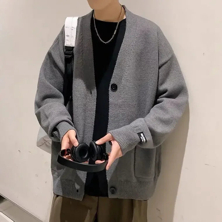 MIHIARCN Men Cardigan Knitwear V Neck With Pockets Casual