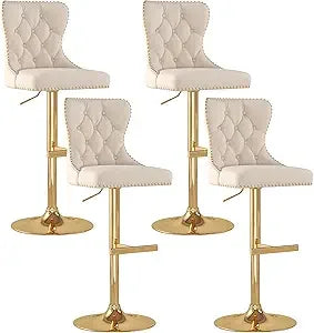 Velvet Tufted Barstools Set of 4, Swivel Counter Chairs with Diamond Lattice Back, Height Adjustable Seat with Rivet Trim Metal
