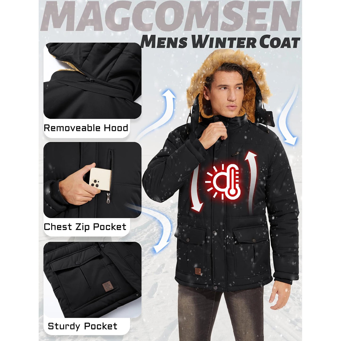 MAGCOMSEN Winter Fleece Lined Parka Jacket With Hood