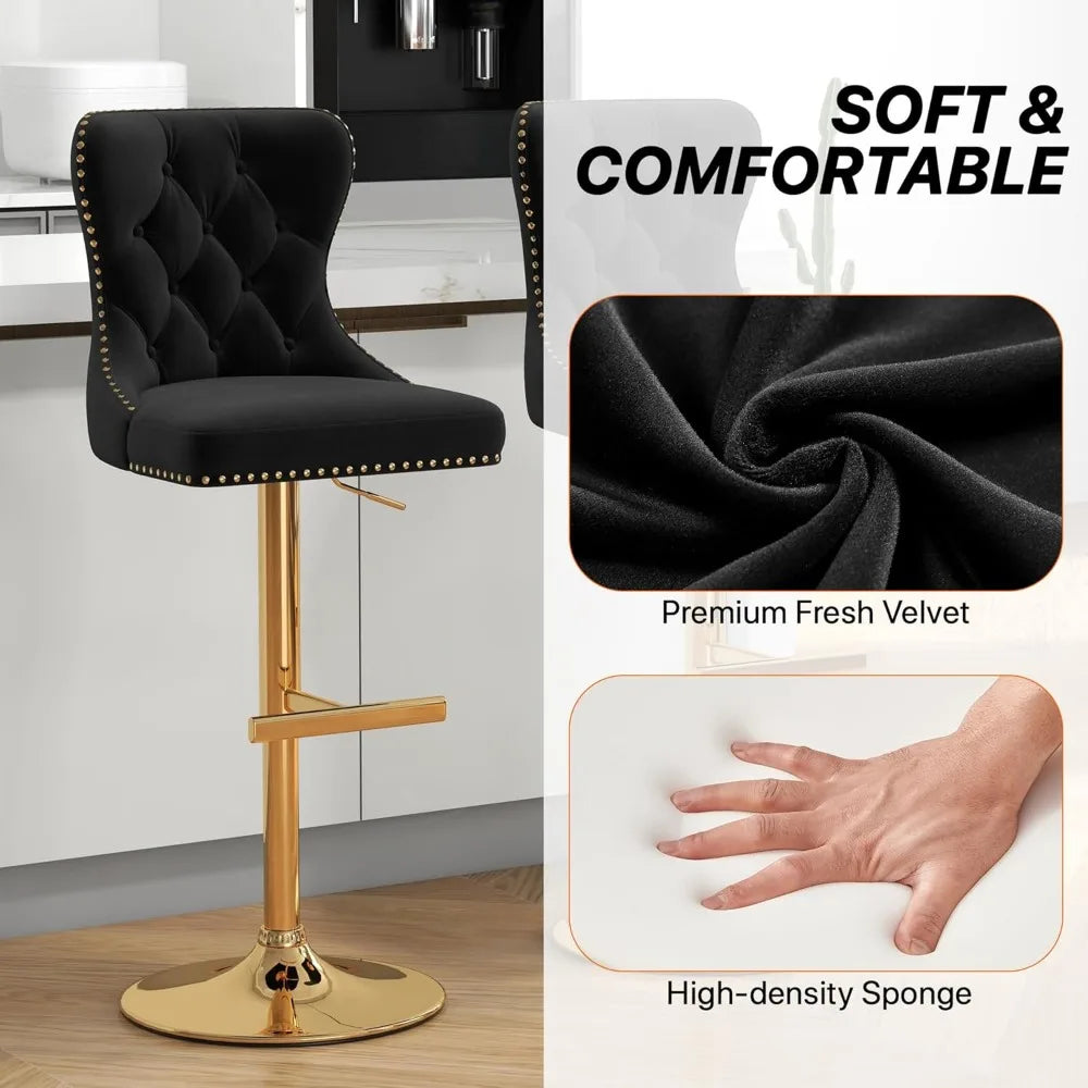 Velvet Tufted Barstools Set of 4, Swivel Counter Chairs with Diamond Lattice Back, Height Adjustable Seat with Rivet Trim Metal